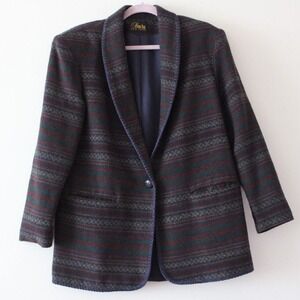 David Paul New York Vintage Wool Blend Geometric Stripe Shawl Blazer Green M